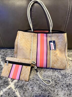 Taylor Gray - “Amanda” Striped Straw-Effect Neoprene Tote with Matching Wristlet
